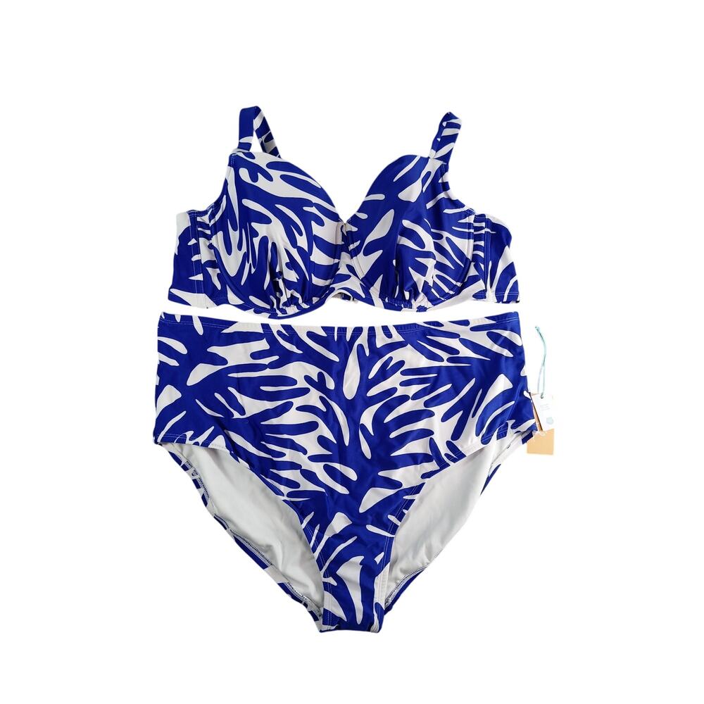 Kona Sol Swimsuit Womens 2X (20-22) Blue Coral Print Bikini Underwire NWT